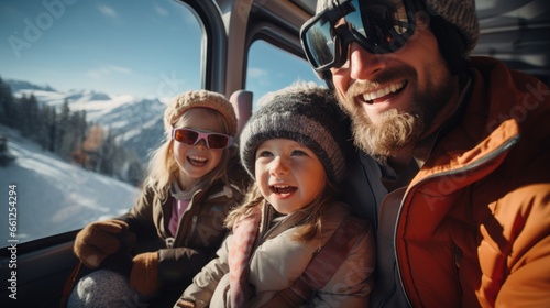 Happy family on the cable car climbing up the ski slopes. Skiing