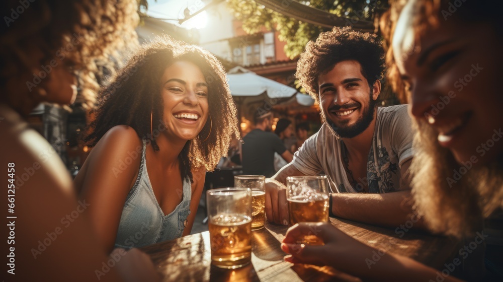Multiracial happy friends toasting cocktail glasses outdoors at summer vacation - Smiling young people drinking - obrazy, fototapety, plakaty 