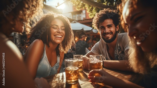 Multiracial happy friends toasting cocktail glasses outdoors at summer vacation - Smiling young people drinking photo