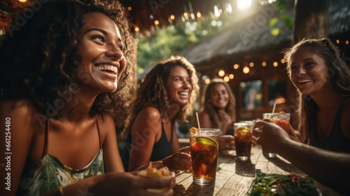 Multiracial happy friends toasting cocktail glasses outdoors at summer vacation - Smiling young people drinking