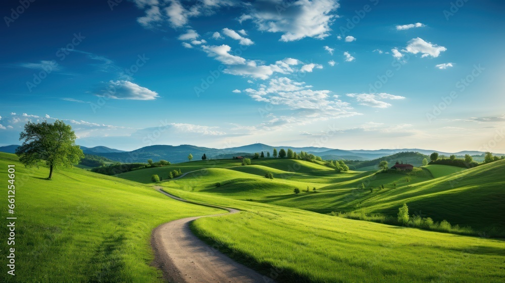 Fototapeta premium Picturesque winding path through a green grass field in hilly area in morning at dawn against blue sky with clouds