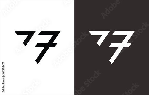 The logo monogram is an inverted triangle that forms the number seven. black and white background.