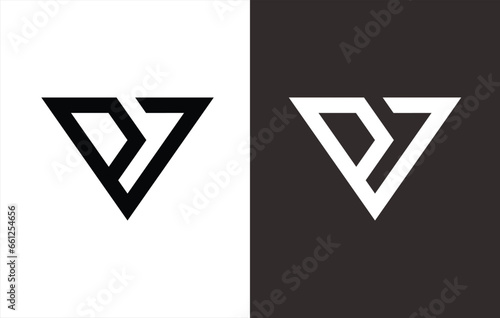 monogram logo in the shape of an inverted triangle that forms the letters "P" and "J". black and white background.