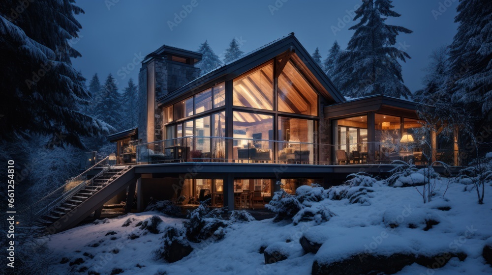 Obraz premium A modern luxury cottage exterior is covered with deep snow on a winter evening.