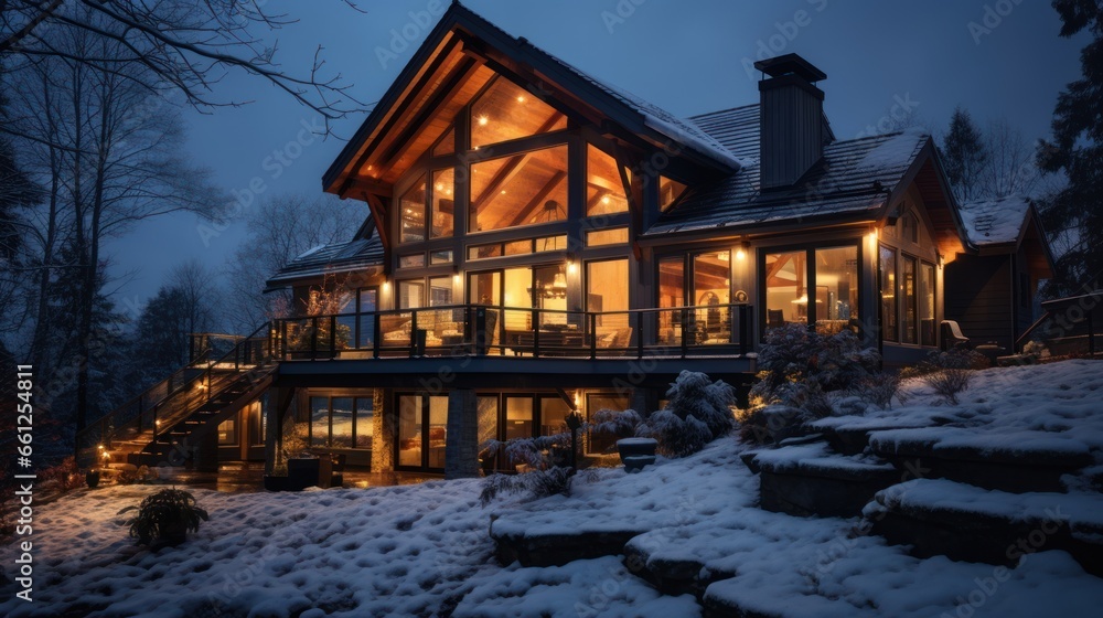 A modern luxury cottage exterior is covered with deep snow on a winter evening.