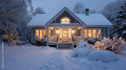 A modern luxury cottage exterior is covered with deep snow on a winter evening. photo