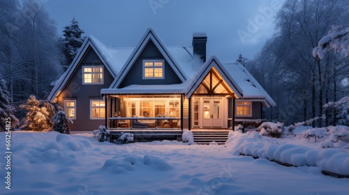A modern luxury cottage exterior is covered with deep snow on a winter evening.