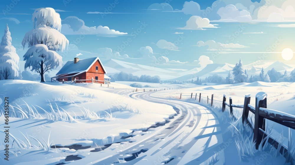 Blizzard Blankets The Countryside Landscape With House And Car In A Relentless Whiteout, Cartoon Vector Illustration