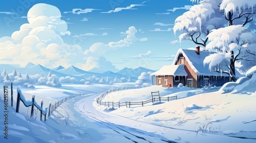 Blizzard Blankets The Countryside Landscape With House And Car In A Relentless Whiteout, Cartoon Vector Illustration © sirisakboakaew