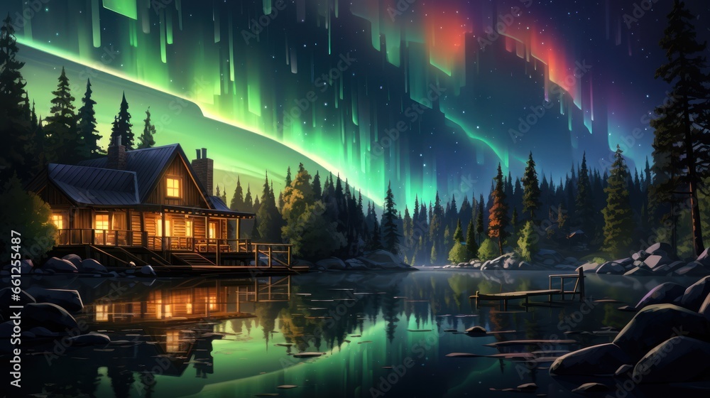Vector art of Glowing house by lake& Northern lights