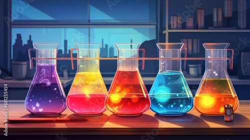 Vector art of glass equipment on a table in a laboratory during a chemistry experiment.