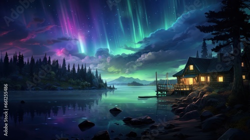 Vector art of Glowing house by lake& Northern lights
