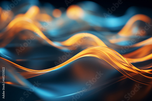 A close-up of an abstract digital fractal art piece of a glow orange blue and green wavy smoke pattern on a dark background, generative AI.