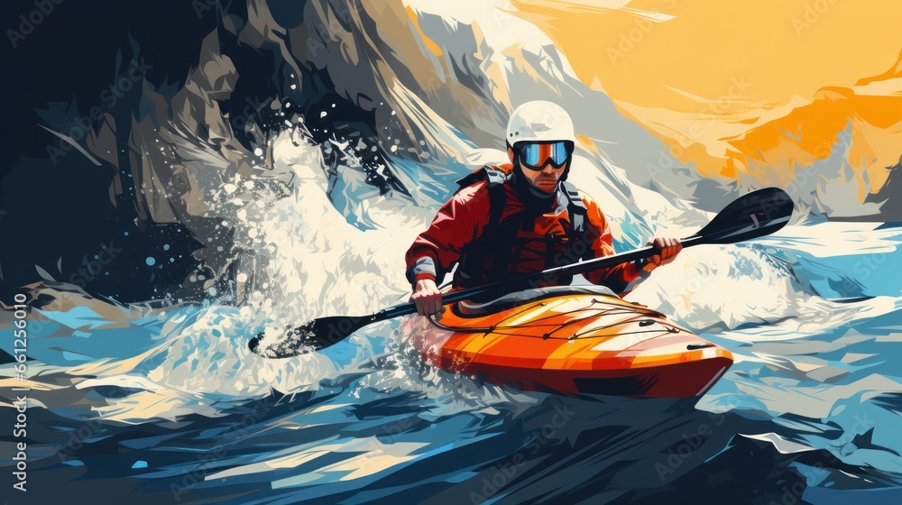 whitewater kayaking, down a white water rapid river in the mountains. Hand edited generative