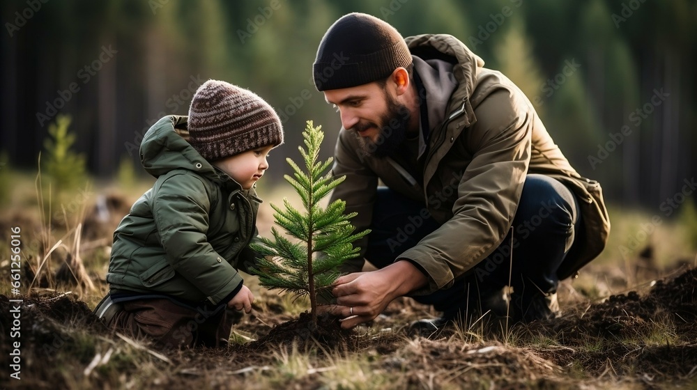 The little boy and a father plant a treee
