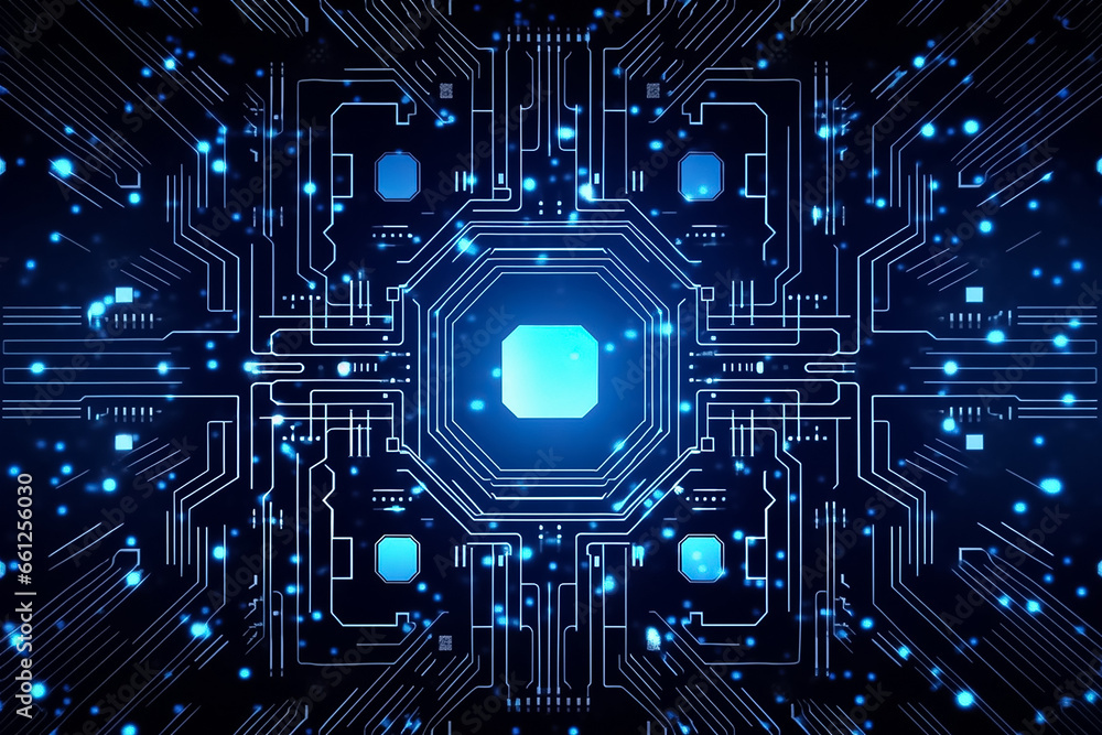 Close up of a blue digital circuit board, with several components and wires visible wallpaper with glare light, Generative AI.