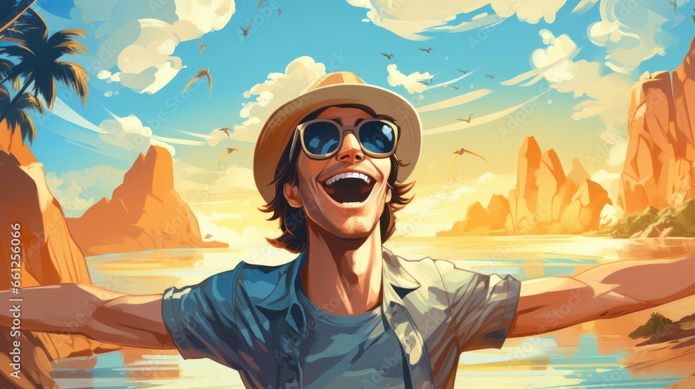 Vector art of Young man selfie on summer beach