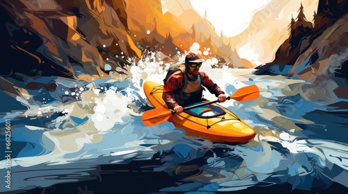 whitewater kayaking, down a white water rapid river in the mountains. Hand edited generative © sirisakboakaew