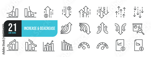 Set of line icons related to increase, deacrease, diagram, graph. Outline icons collection. Editable stroke. Vector illustration.