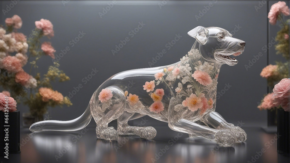 Glass dog statuetted with pink embedded flowers 2