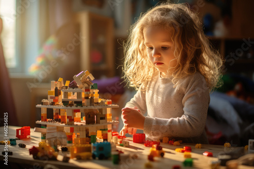 young kids playing with blocks at home