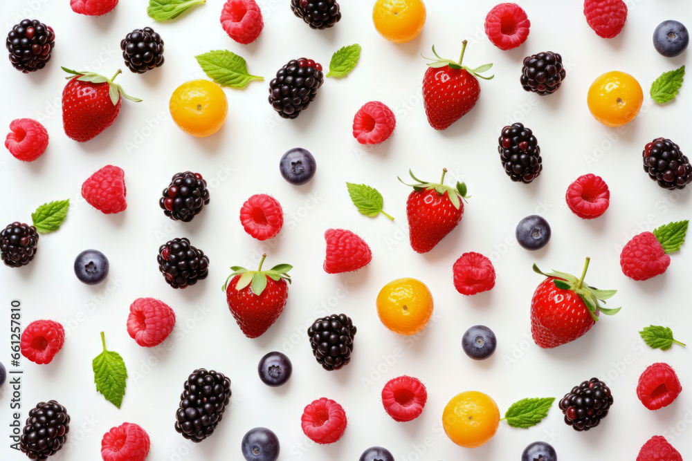 Mix berry fruit in background of white color. Abstract concept of food and fruit. - obrazy, fototapety, plakaty 