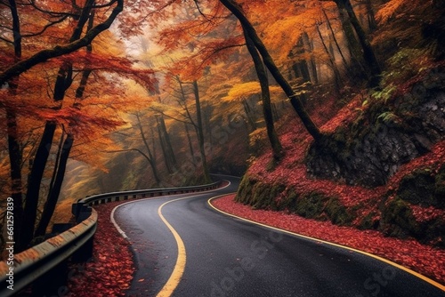 The leaves fall, winding roads, changing colors, touristy scenery. Generative AI photo