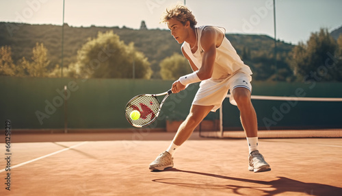 Man in swinging the racket at a tennis court. Created with Generative AI technology