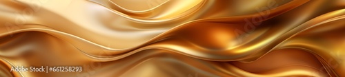 A long piece of gold or silk fabric with a shiny reflection, curved into soft waves. Flowing beautifully, luxury and elegant. Gold metal material. Top view.
