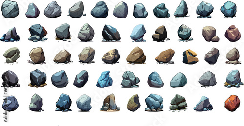 set of Stone rock. Stones boulder, gravel rubble and pile of rocks cartoon isolated, transparent background, vector illustration, high detail.