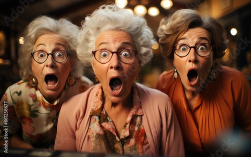 Funny portrait of three elderly shocked women looking at camera keeping mouth open