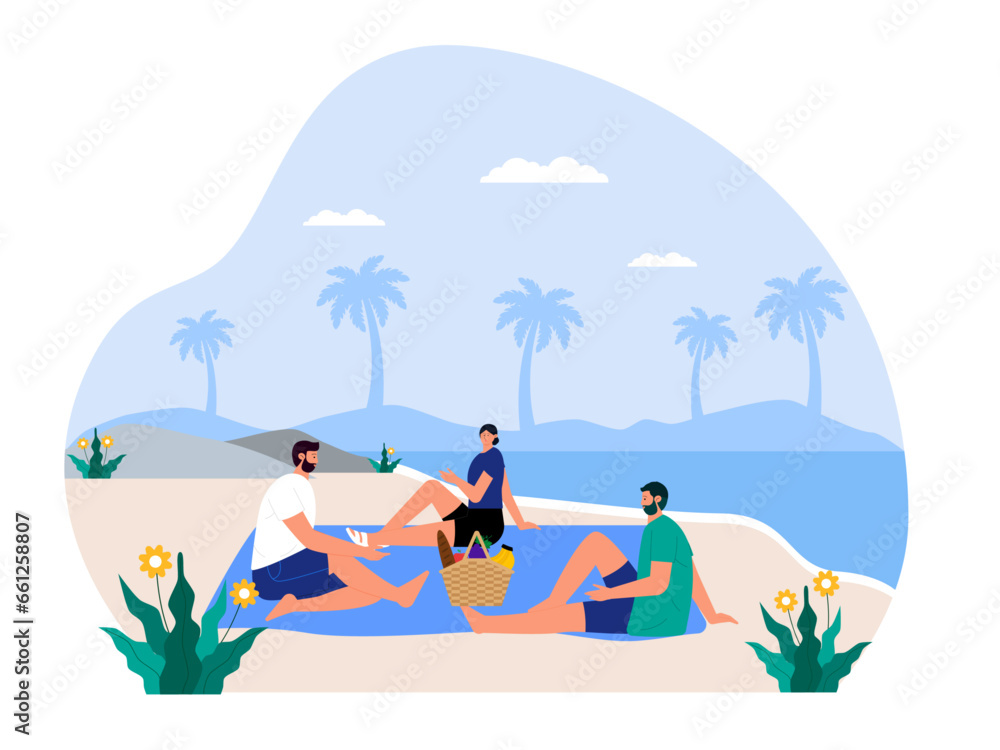 Social activity vector illustration. Family vacationing at the beach.