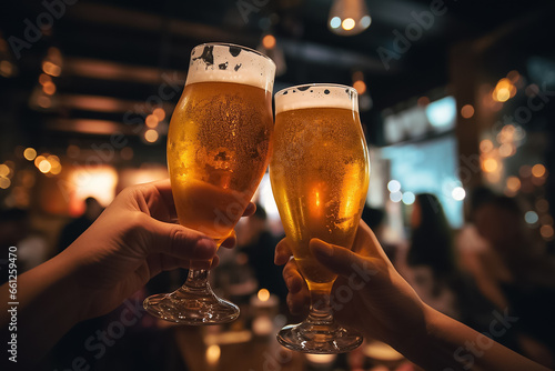 Close up side view of two glasses of beer in hands at bar or pub blurry background. Generative AI.