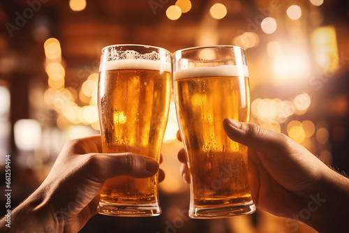 Close up side view of two glasses of beer in hands at bar or pub blurry background. Generative AI.