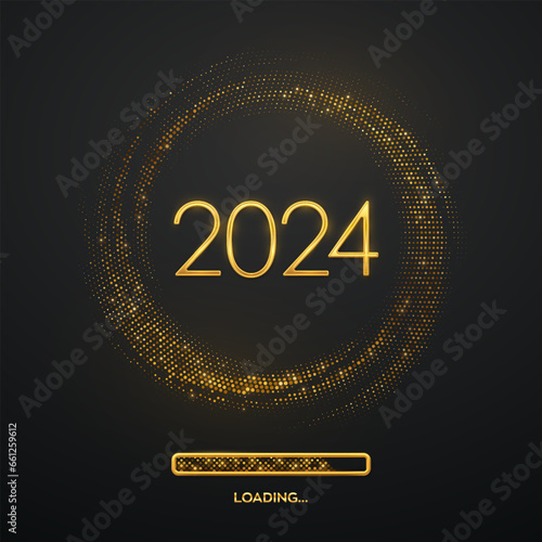Happy New 2024 Year. Golden metallic luxury numbers 2024 with loading bar on shimmering background. Bursting backdrop with glitters. Greeting card, festive poster or banner. Vector illustration.