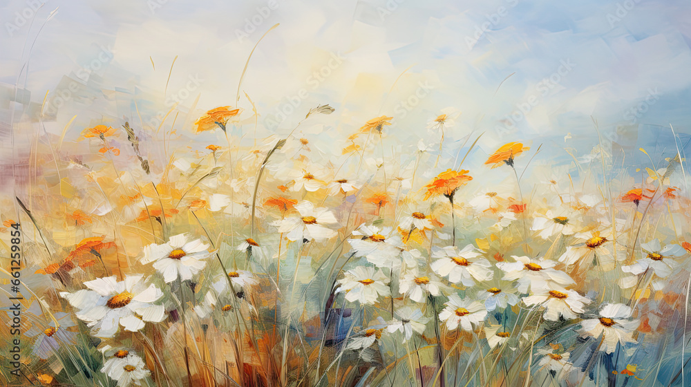 Fototapeta premium blurred background of daisies on the indian summer field oil painting impressionism.