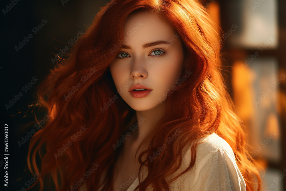 Closeup portrait photo of Beautiful female model with red hair and blurred bokeh Background