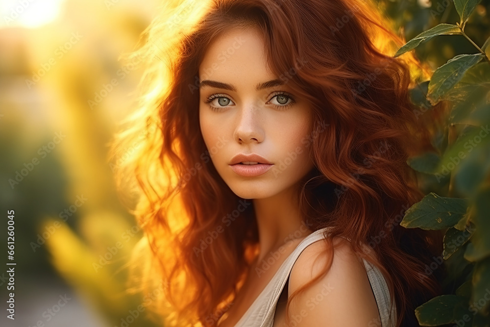 Closeup portrait photo of Beautiful female model with red hair and blurred bokeh Background
