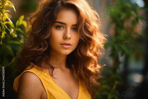 Closeup portrait photo of Beautiful Latina female model with blonde hair and blurred bokeh Background