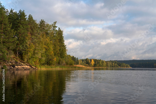 Lake Ladoga near the village Lumivaara on a sunny autumn day  Ladoga skerries  Lakhdenpokhya  Republic of Karelia  Russia