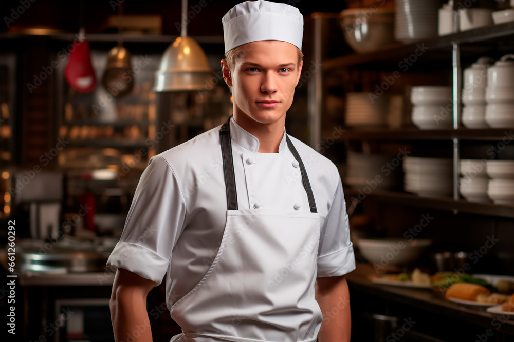 Portrait of a handsome European male chef on a kitchen background. A man in a chef's hat and an apron.