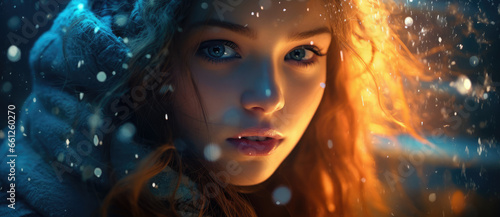 Beautiful girl in snow winter, bokeh background