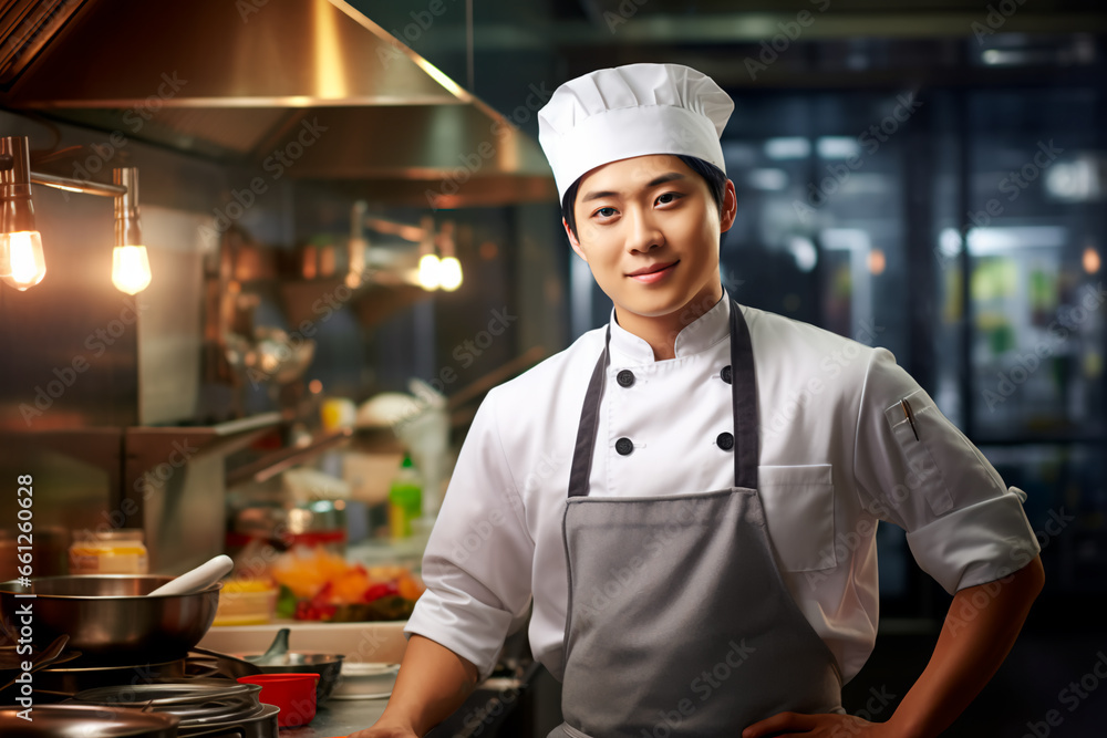 Portrait of handsome Asian male chef on kitchen background. A man in a chef's hat and an apron.