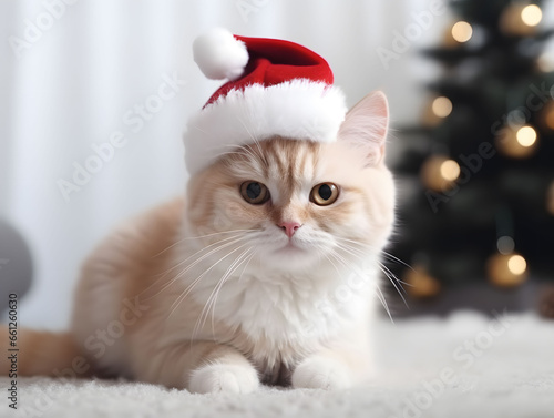 Cute kitten wearing Santa's hat laying on fluffy white carpet. Created with Generative AI technology