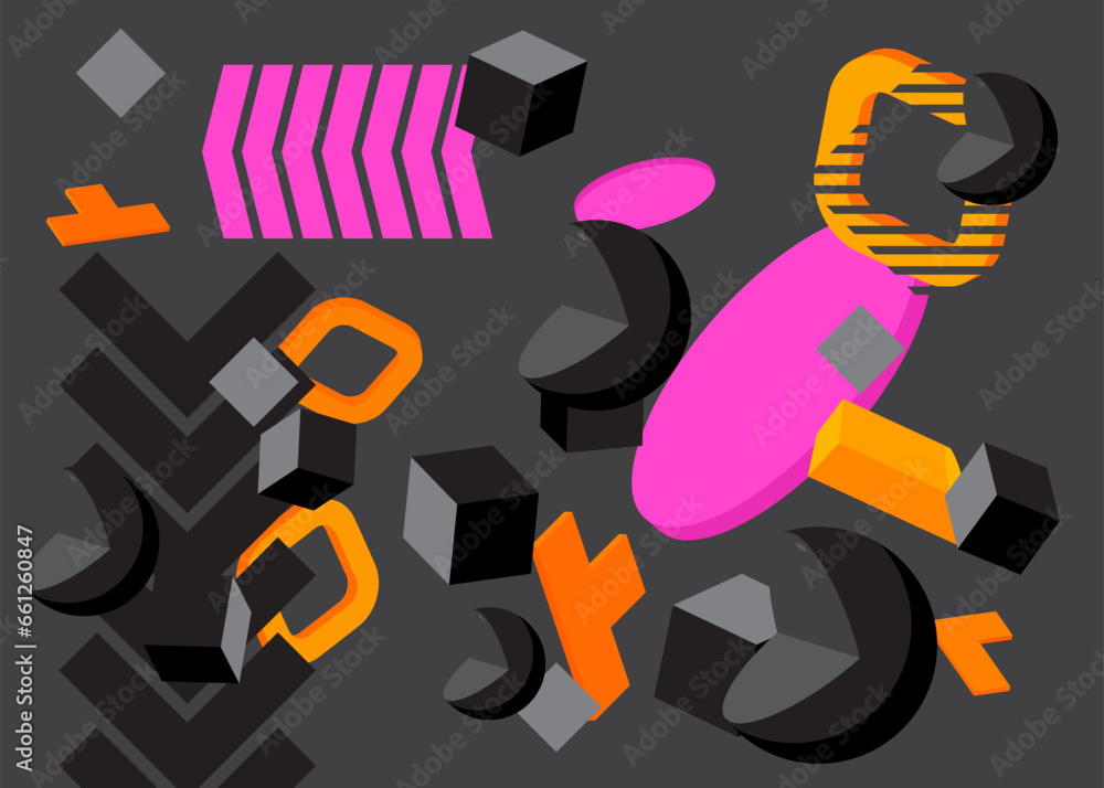Black, orange and purple geometrical graphic retro theme cover. Minimal geometric elements poster design. Vintage abstract shapes template for poster banner. Black, orange and purple geometrical graphic retro theme cover. Minimal geometric elements poster design. Vintage abstract shapes template for poster banner.