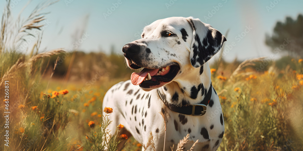 Dalmatian dog standing in the sunny field of wildflowers and grasses . Created with Generative AI technology