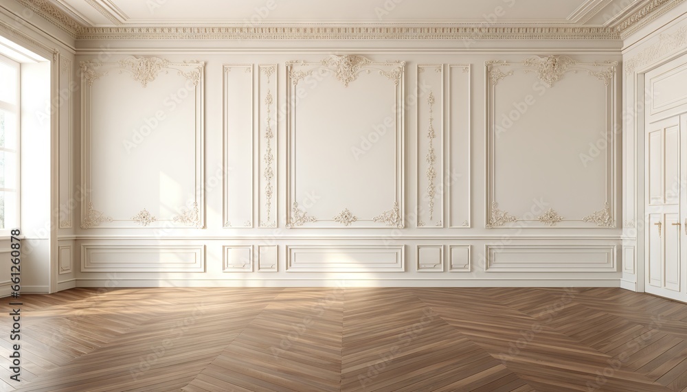 Empty room interior design, open space with white walls with stucco and parquet wooden floor Empty room interior design, open space with white walls with stucco and parquet wooden floor