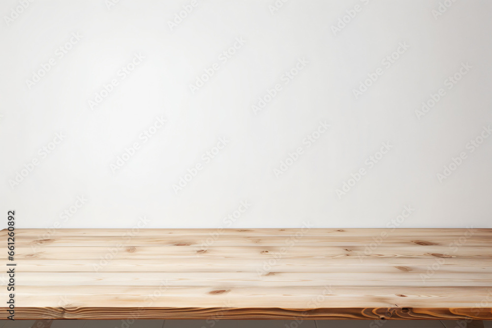 empty wooden table set against a white wall background provides an ideal canvas for product advertisement empty wooden table set against a white wall background provides an ideal canvas for product advertisement
