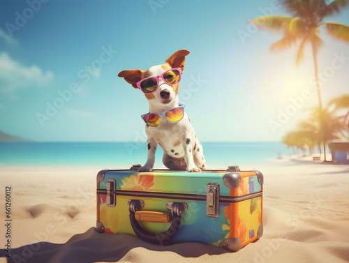 Cool puppy in sunglasses sitting on colorful suitcase at the beach. Created with generative AI technology © MITstudio