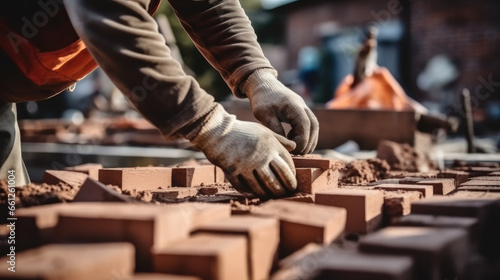 Man laying bricks at home under construction.